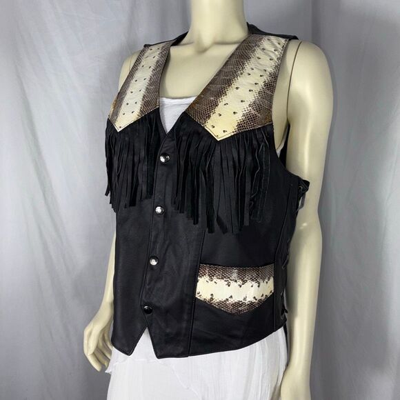 Vintage Black Leather Fringe Western Vest Snakeskin Inlay | USA Made L - Picture 4 of 16